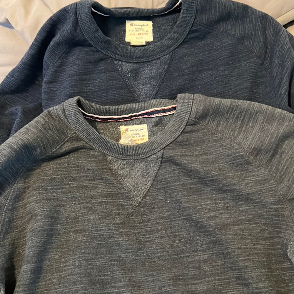 TWO Champion men’s medium weight crew neck sweatshirt. Size M. Blue/grey